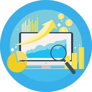 Website traffic growth banner. Computer with diagrams, growth ch